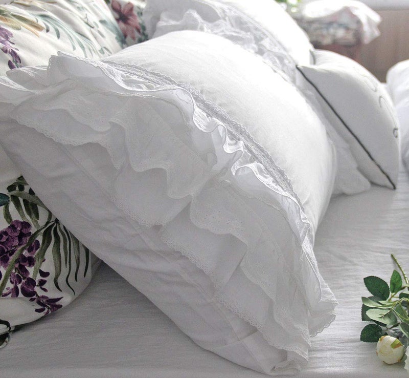 QSH Luxury Eyelet Lace Ruffle Sheets Set King Size French Country Bedding 100% Washed Cotton Shabby Bed Sheet 4pcs Deep Pockets Ruffled Bed Sheets - Image 5